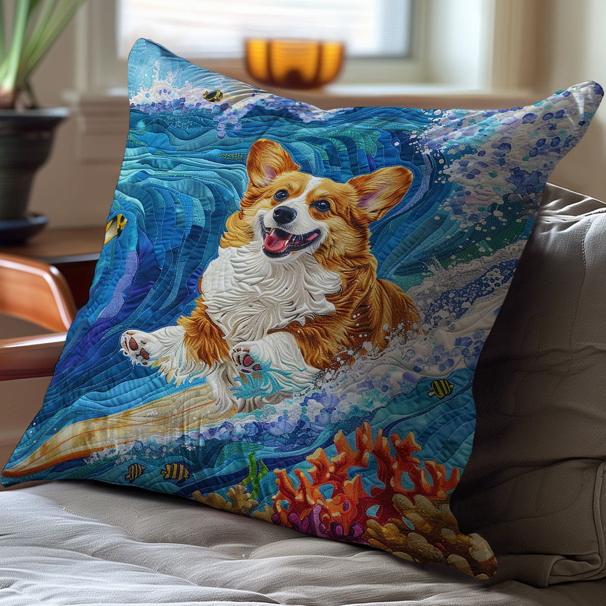 Surfing Corgi WJ1409046CL Quilt Pillow Case