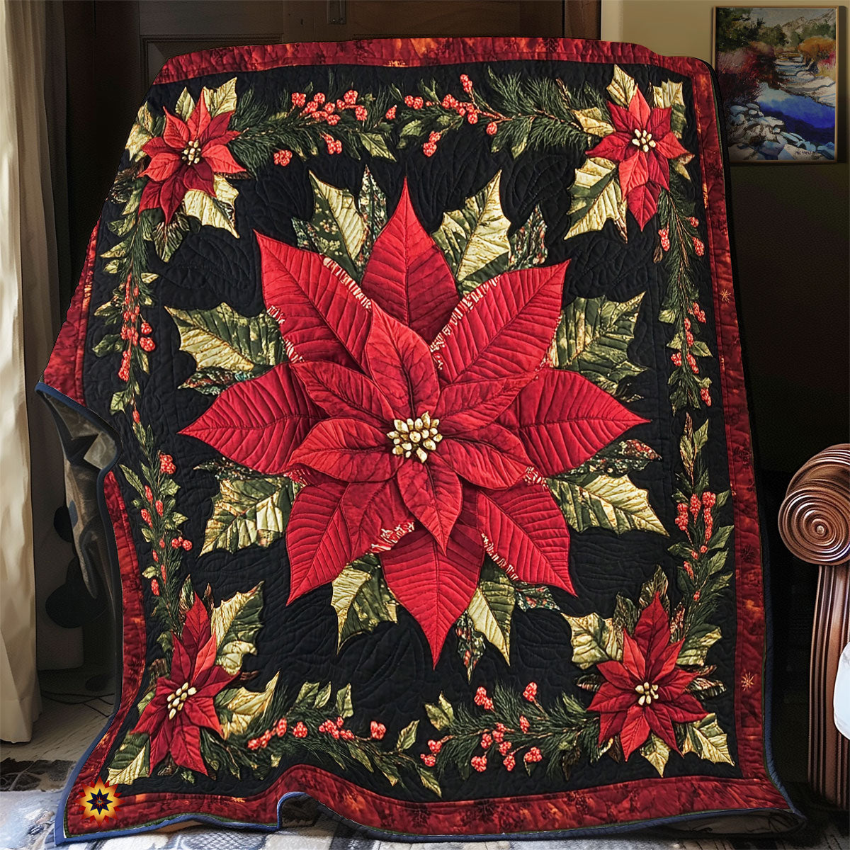 Poinsettia Sparkle Night WU1912015CL Quilt