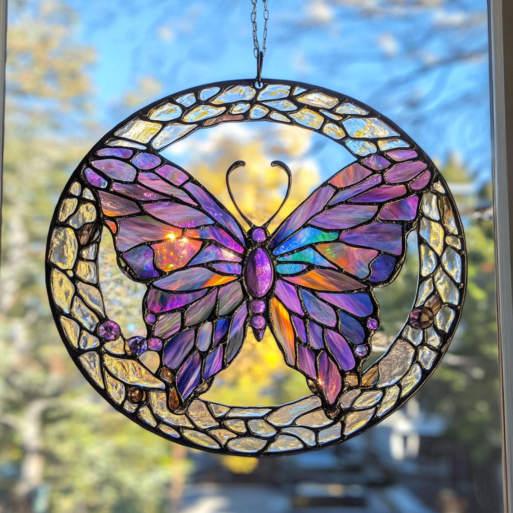 Purple Butterfly WJ2310038CL Stained Glass Suncatcher