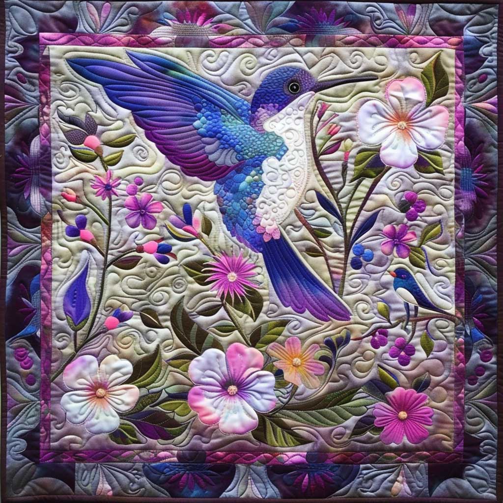 Purple Hummingbird And Flowers XR2007005CL Quilt