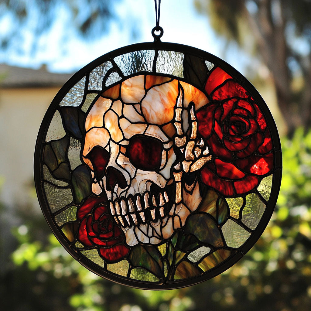 Skull And Roses WU1701009CL Stained Glass Suncatcher