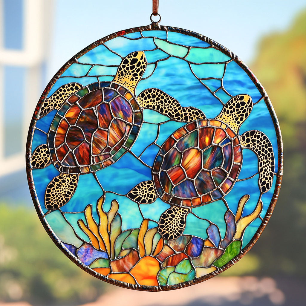 Turtle Couple WU1701017CL Stained Glass Suncatcher